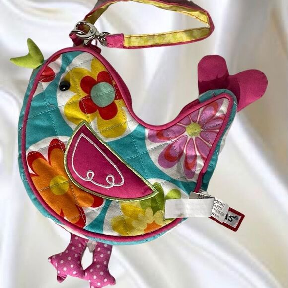 Douglas Pink Chick Coin Purse Wristlet Yellow Blue Flowers - Picture 2 of 3